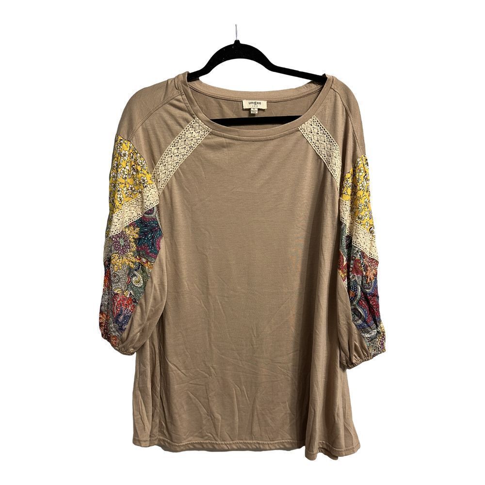 Umgee Anthropologie Patchwork Embroidered Long Sleeve Size Small Tan Mulicolor